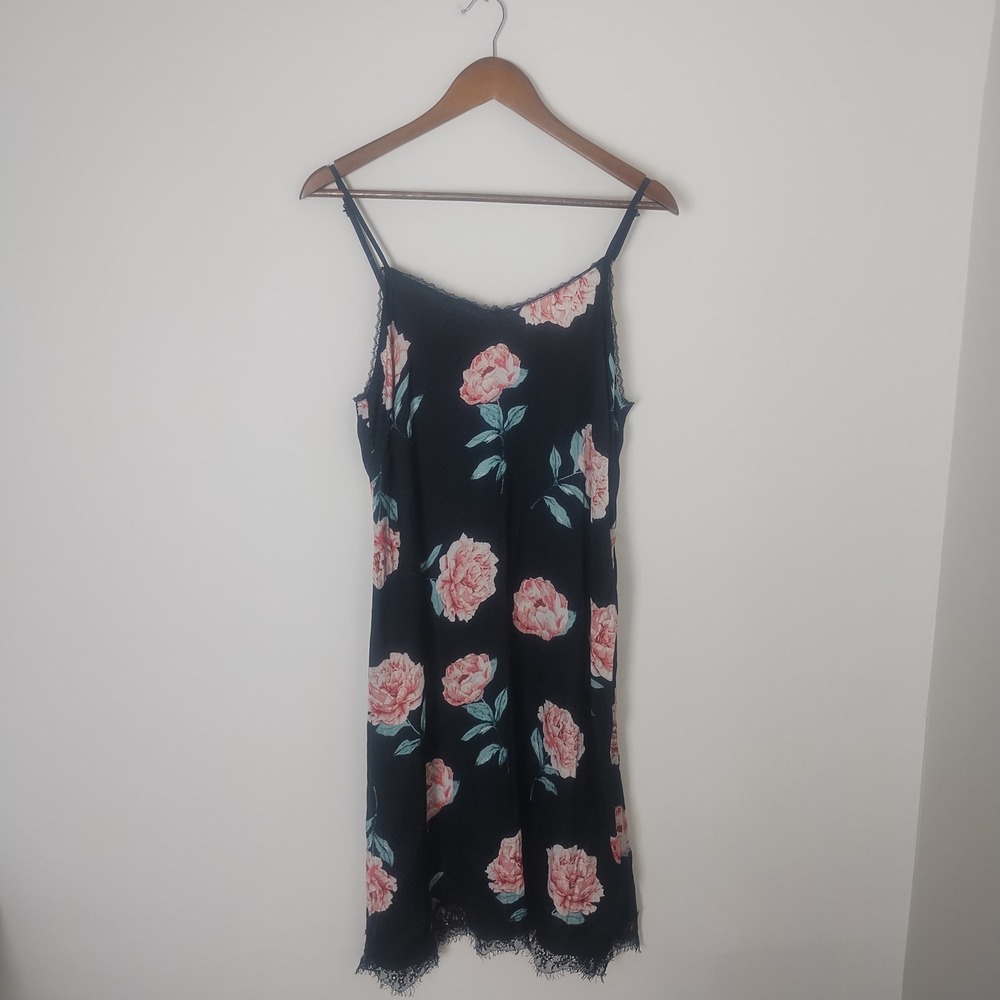 Wet Seal Slip Dress Womens XL Black Floral Lace Trim Y2K Whimsigoth Fairy Grunge